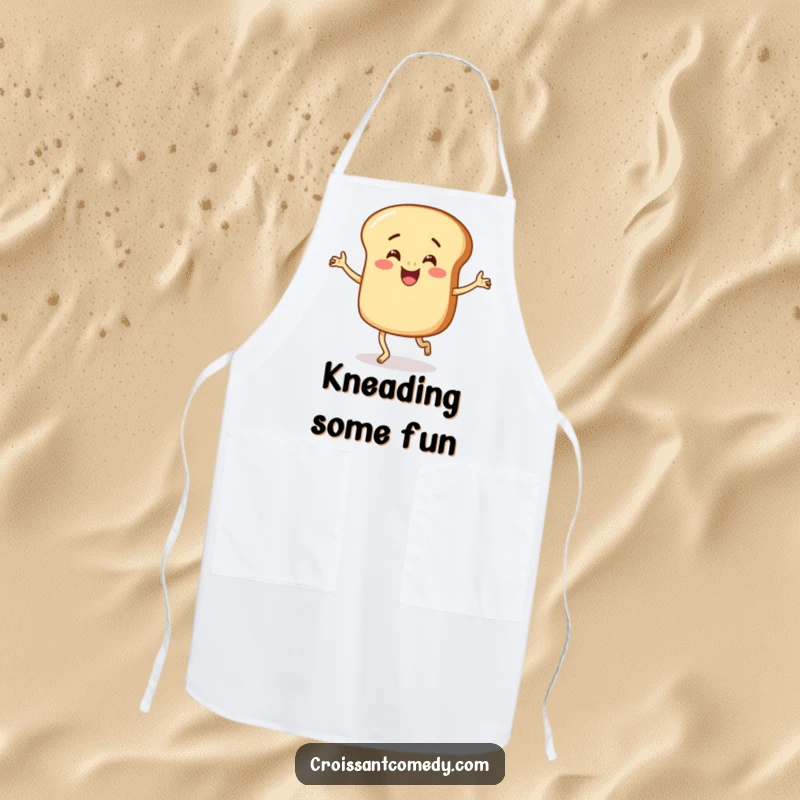 Funny Bread Apron: A happy, round bread character with tiny legs performs a comical jig while you cook, adding humor.
