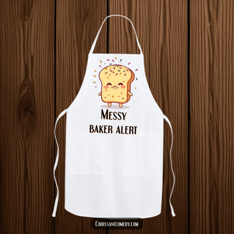 Funny Sneezing Bread Apron: A flaky bread character playfully sneezes a shower of sprinkles, bringing cheerful mess to your cooking.