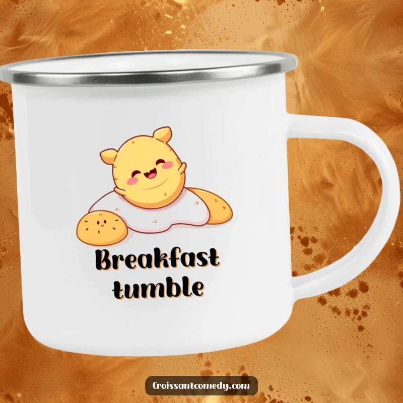 Funny Crescent Roll Camping Mug: A smiling crescent roll character tumbles gleefully, bringing smiles to your outdoor excursions.