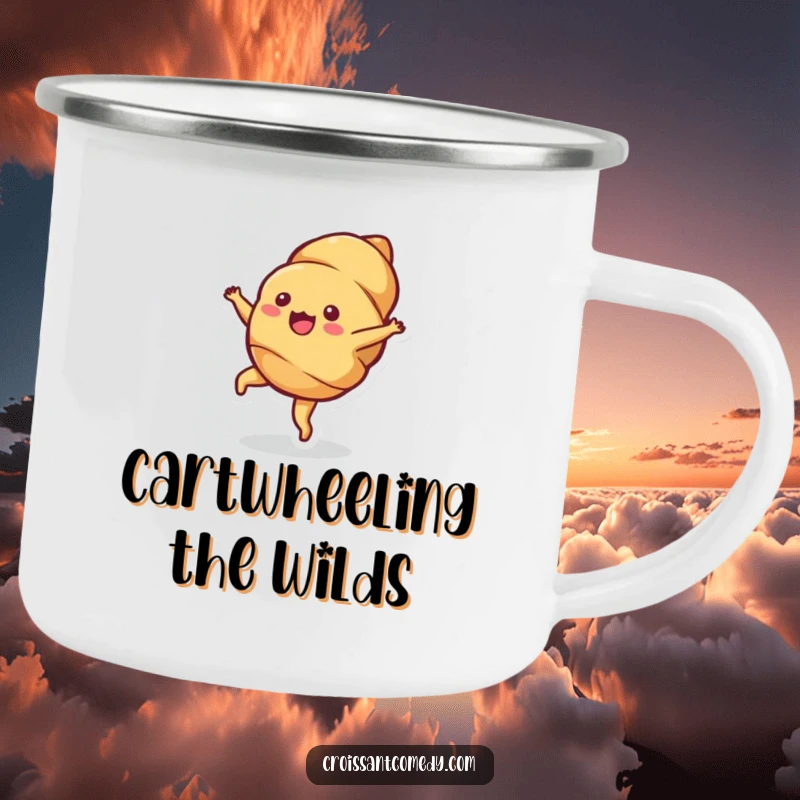 Funny Croissant Cartwheel Camping Mug: A bubbly croissant character performs a cartwheel, adding smiles to your outdoor adventures.