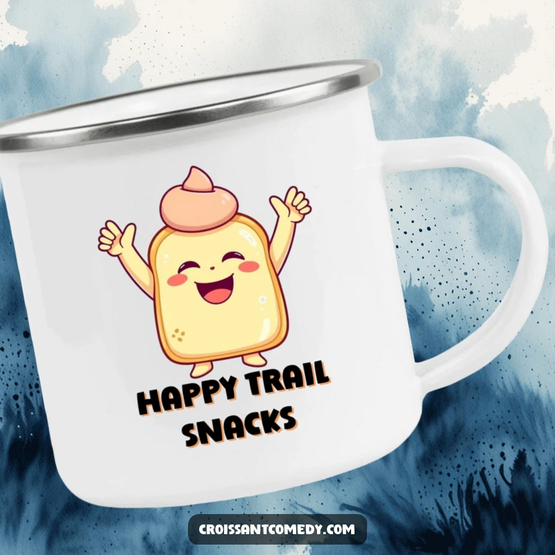 Funny Laughing Pastry Camping Mug: A laughing pastry character with raised arms strikes a joyful pose, adding smiles to your adventures.