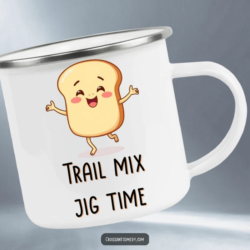 Funny Bread Camping Mug: A round, stubby-legged bread character happily jigs, bringing smiles to your outdoor adventures.