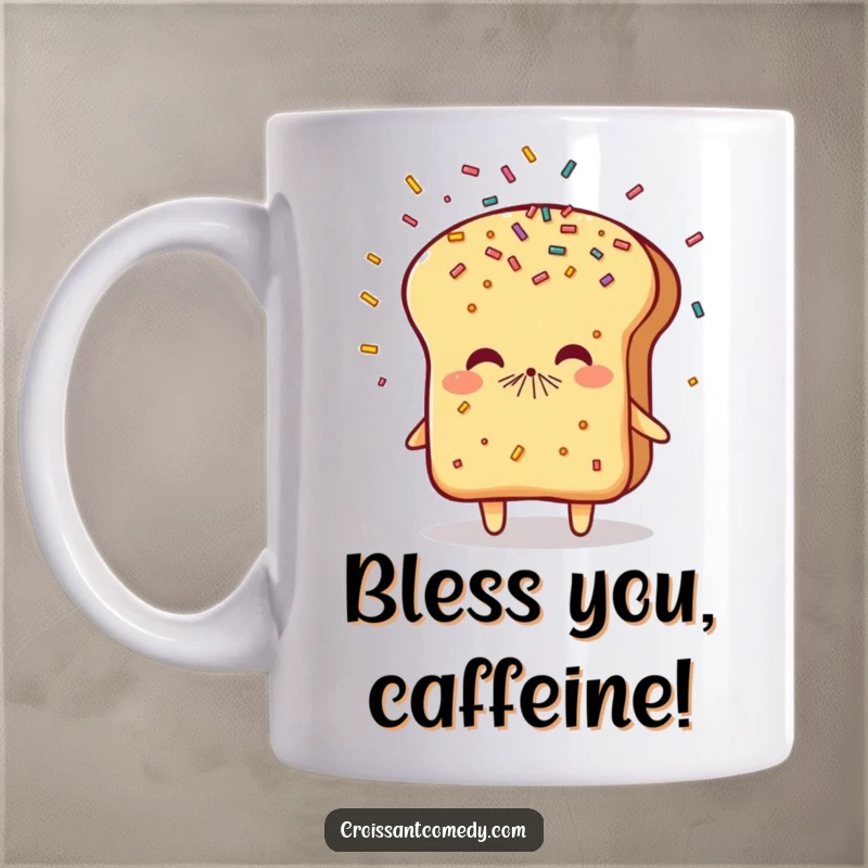Funny Sneezing Bread Mug: A flaky bread character playfully sneezes a colorful shower of sprinkles, creating a joyful mess.