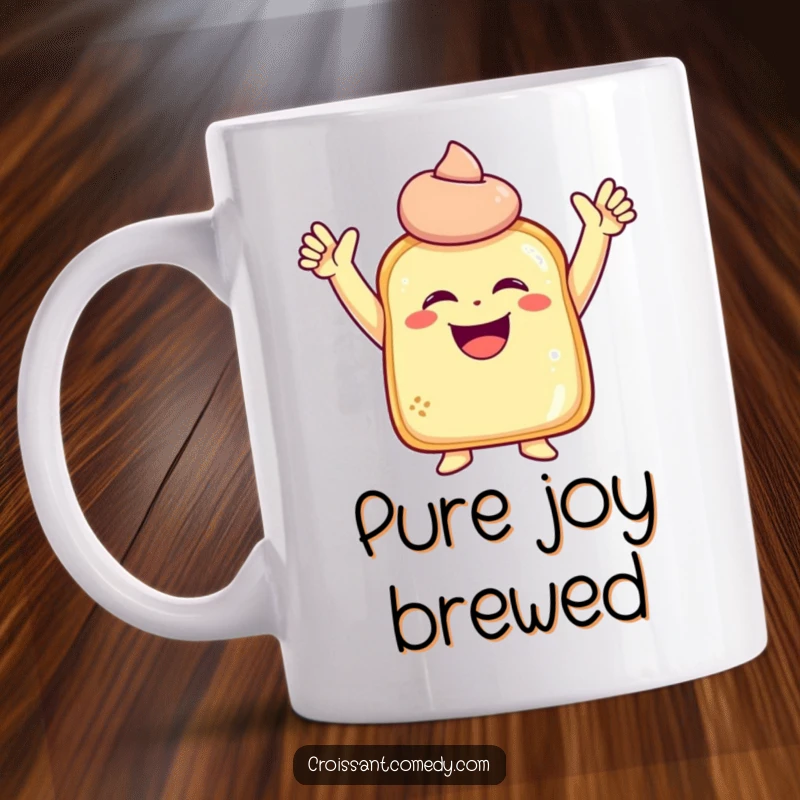 Funny Laughing Pastry Mug: A joyful pastry character with tiny arms raised is captured mid-laugh in a celebratory pose.