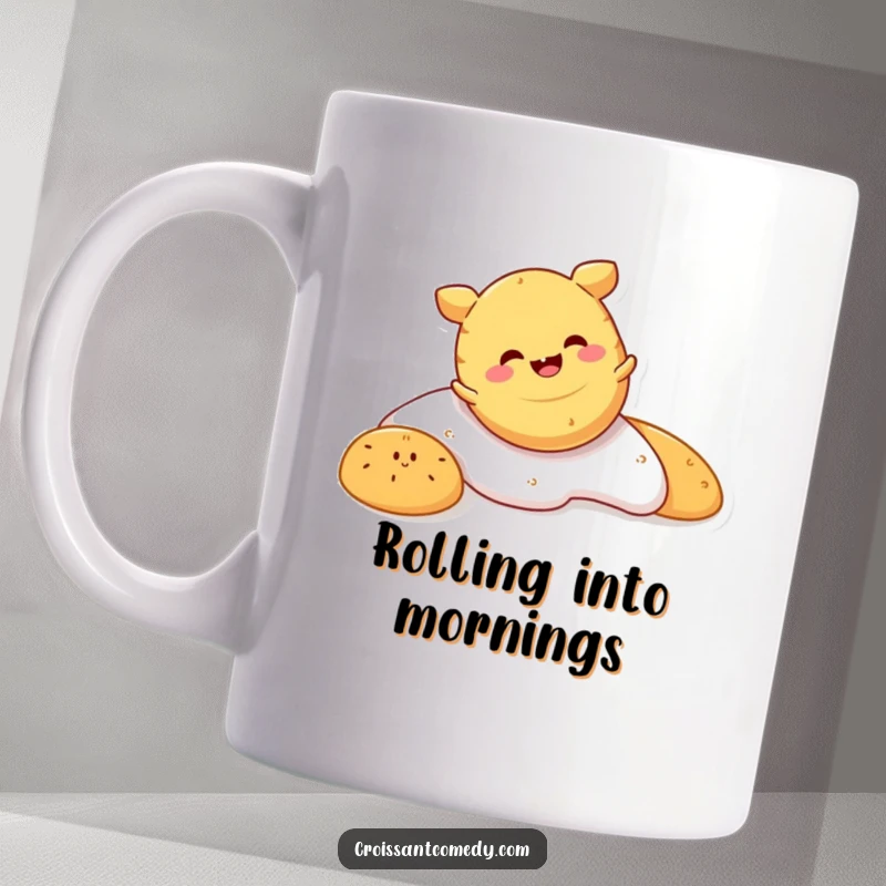 Funny Crescent Roll Mug: A smiling crescent roll character comically tumbles head over crust with visible glee and joy.