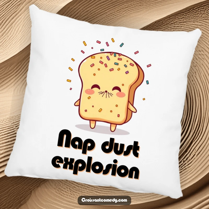 Funny Sneezing Bread Pillow: A flaky bread character sneezes a shower of colorful sprinkles, adding soft, humorous texture.