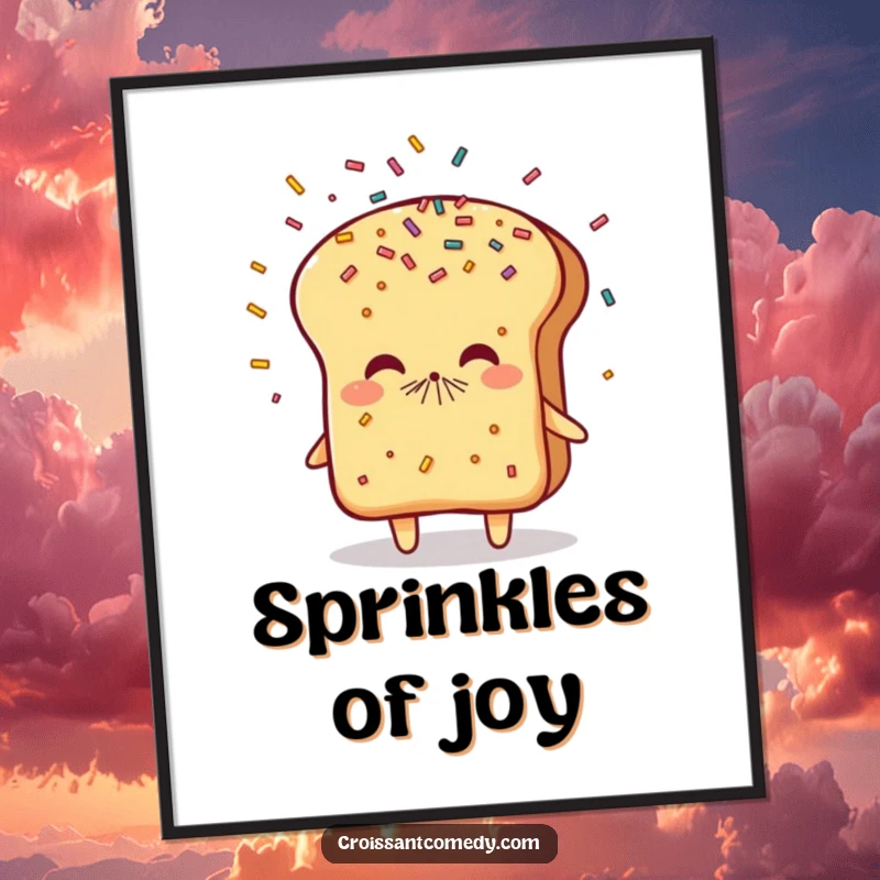 Funny Sneezing Bread Digital Art: A flaky bread character playfully sneezes a vibrant shower of sprinkles, ready to bring cheer.