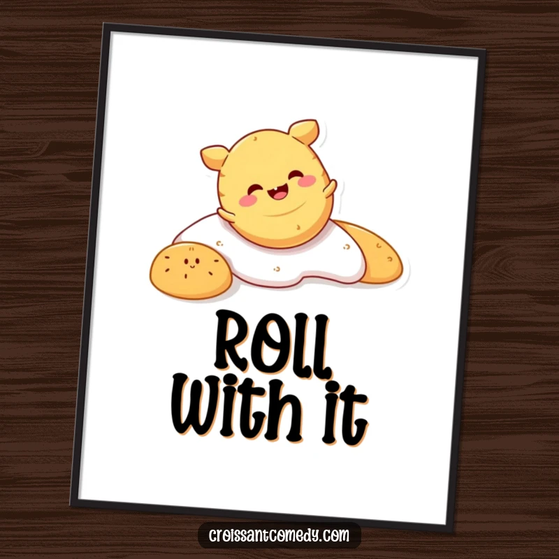 Funny Crescent Roll Poster: A smiling crescent roll character performs a hilarious, head-over-crust tumble, radiating pure glee.