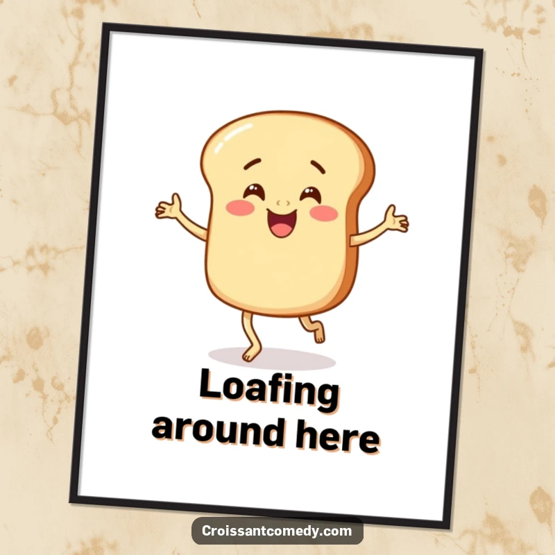 Funny Bread Poster: A cheerful, round bread character with stubby legs is depicted performing an energetic and silly jig.