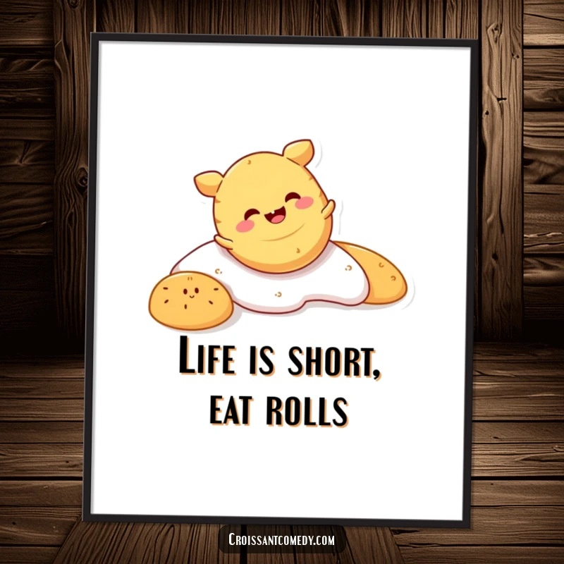 Funny Free Printable Wall Art: Smiling crescent roll character tumbling head over crust with ecstatic glee.