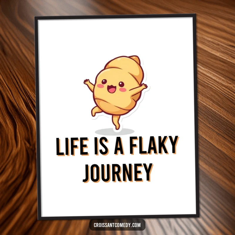 Funny Free Printable Wall Art: Bubbly croissant character doing an energetic cartwheel with clear, visible delight.