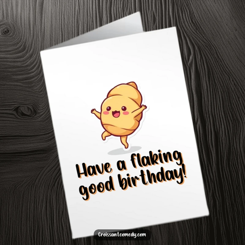 Funny Free Printable Birthday Card: Bubbly croissant character doing a cartwheel with obvious, visible delight.