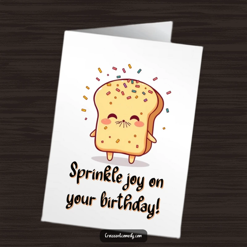 Funny Free Printable Birthday Card: Flaky bread character playfully sneezes a colorful shower of sprinkles.