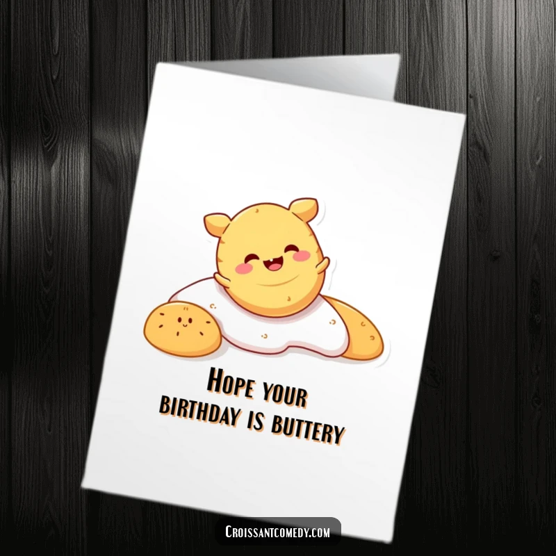 Funny Free Printable Birthday Card: Smiling crescent roll character tumbling head over crust with pure glee.
