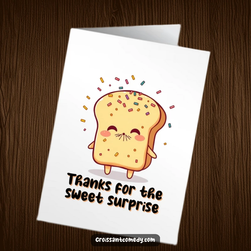Funny Free Printable Thank You Card: Flaky bread character playfully sneezes a cheerful shower of sprinkles.