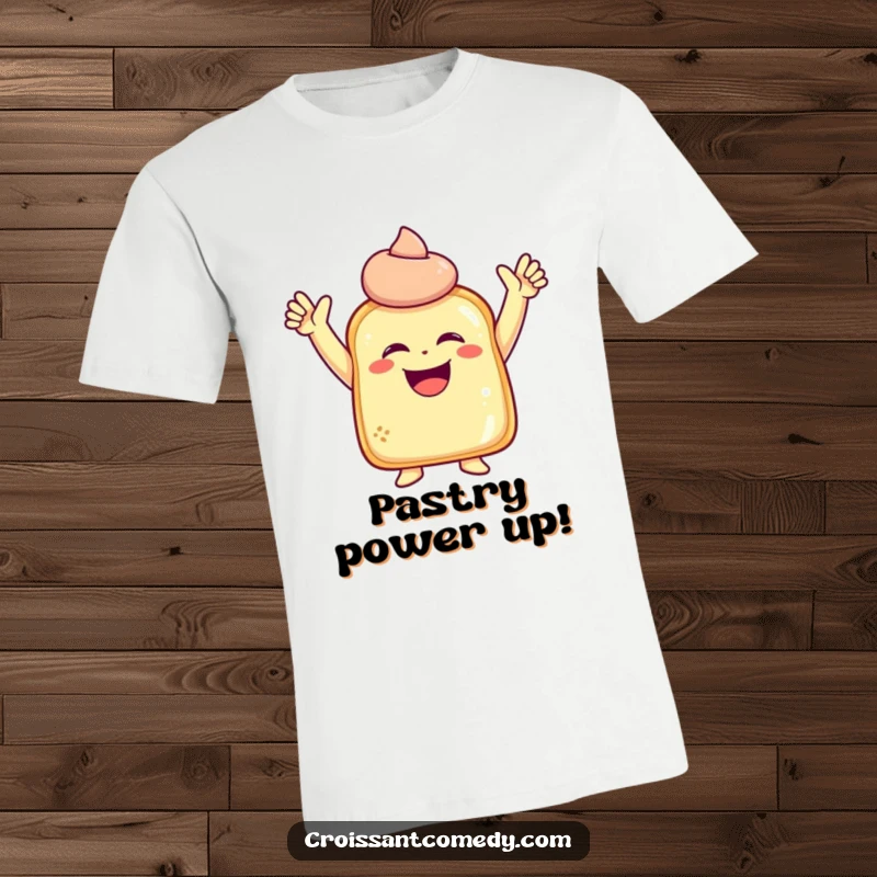 Funny Laughing Pastry T-Shirt: A pastry character with small arms raised laughs heartily in a pose of pure, unbridled joy.