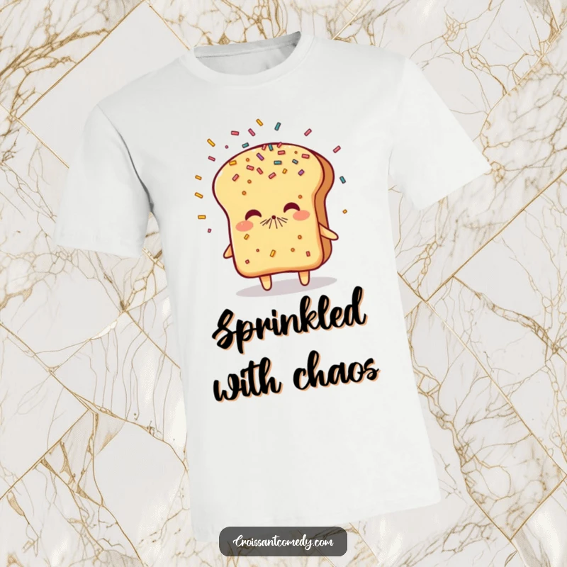 Funny Sneezing Bread T-Shirt: A flaky bread character playfully sneezes, sending a delightful shower of colorful sprinkles flying.