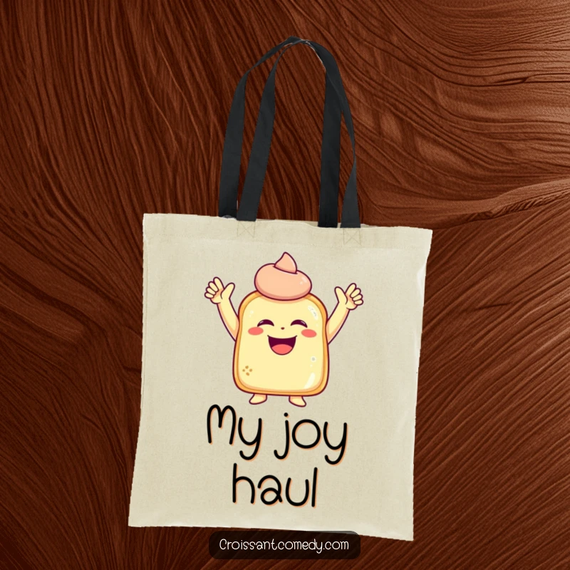 Funny Laughing Pastry Tote Bag: A laughing pastry character with small arms raised is depicted in a pose of pure, infectious joy.